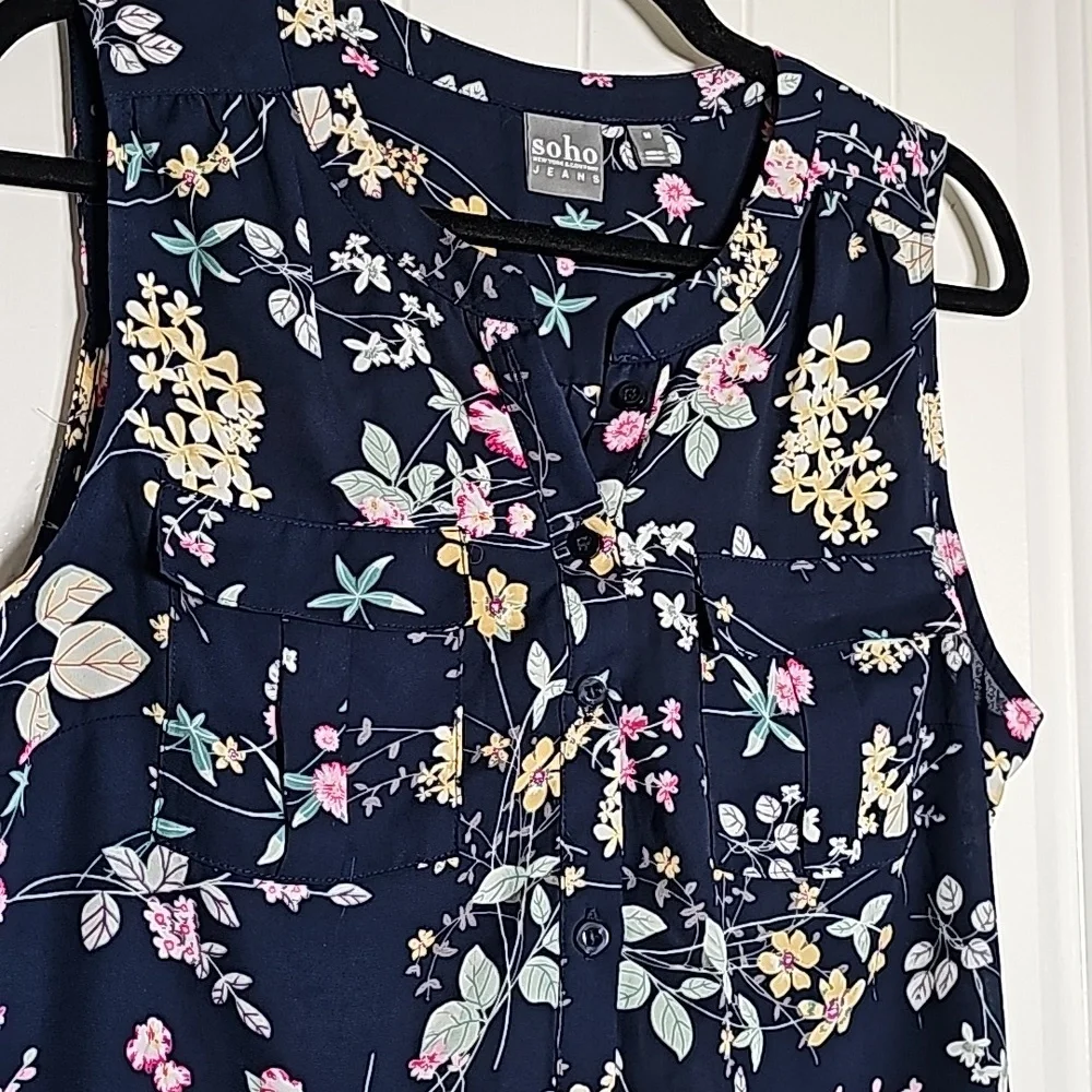 Vintage NY&Co M Soho blouse navy blue/floral button down tank blouse - Picture 5 of 9